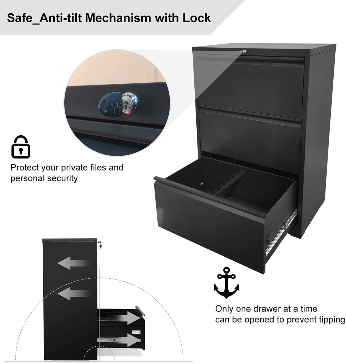 Black 3 Drawer Metal Lateral Filing Cabinet V656
