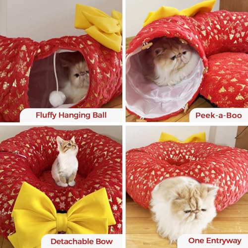 Christmas Cat Tunnel with Bowtie, Washable Circle Cushion and Plush Ball Toy, Red H416