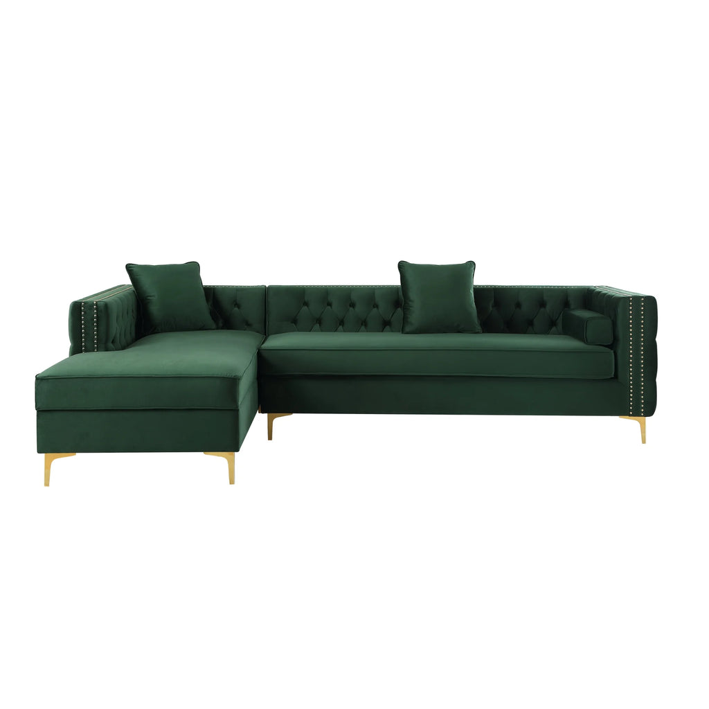 Hunter Green Velvet Chaise Sectional Sofa with Gold Nailhead Trim F8367