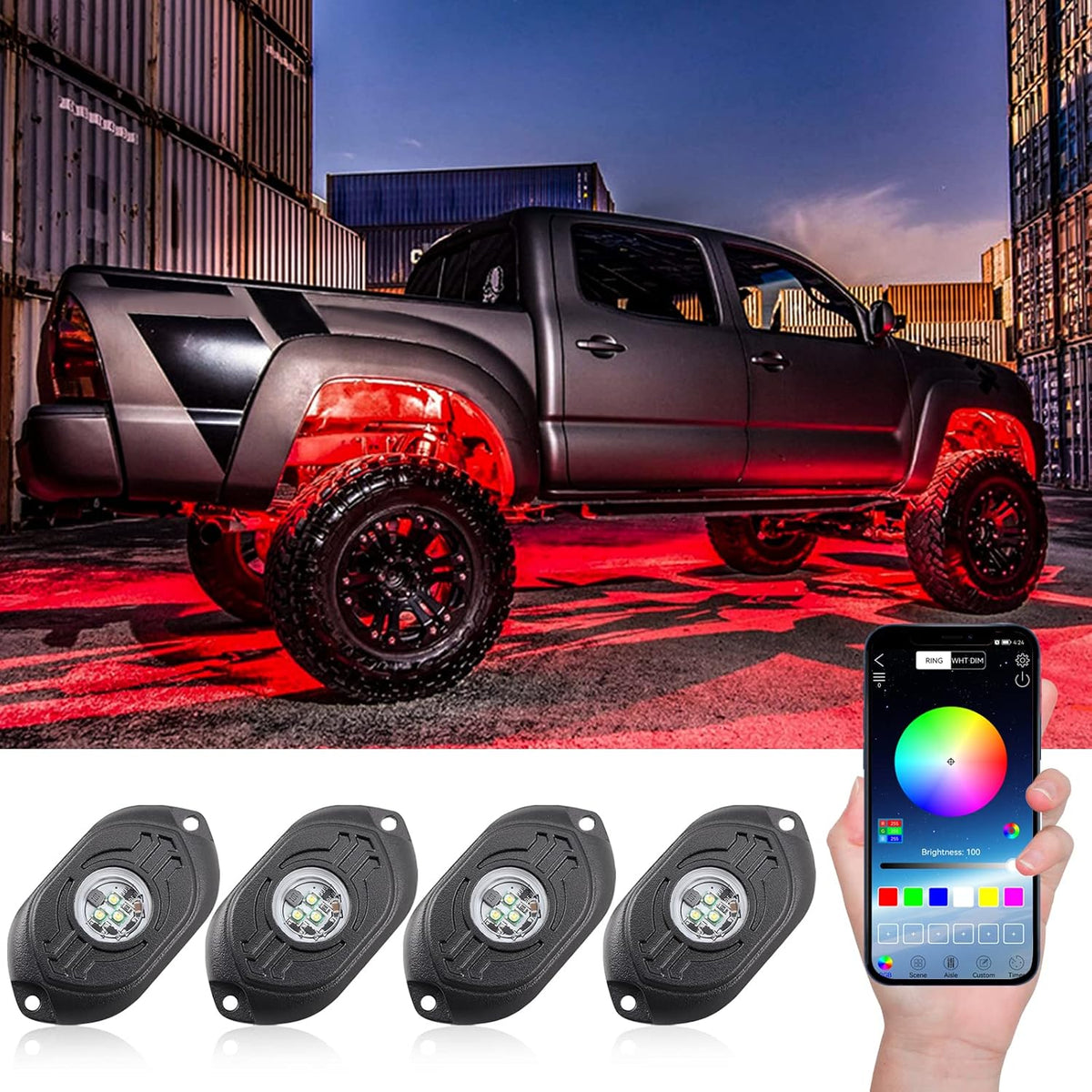 RGB LED Rock Lights 4 Pods Multicolor Waterproof Underglow Kit N1946