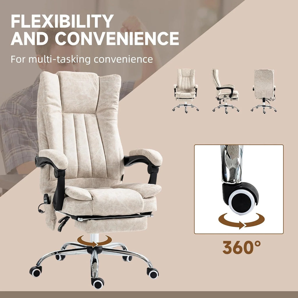 Cream White Microfiber High Back Office Chair with Massage and Footrest R143518
