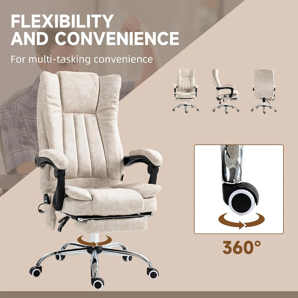 Cream White Microfiber High Back Office Chair with Massage and Footrest R143518