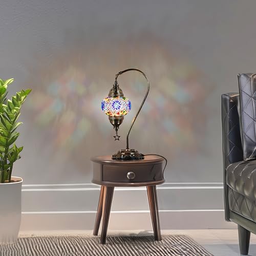 Turkish Moroccan Mosaic Table Bedside Lamp, Antique Brass Color Metal, 15" Multicolored O32032