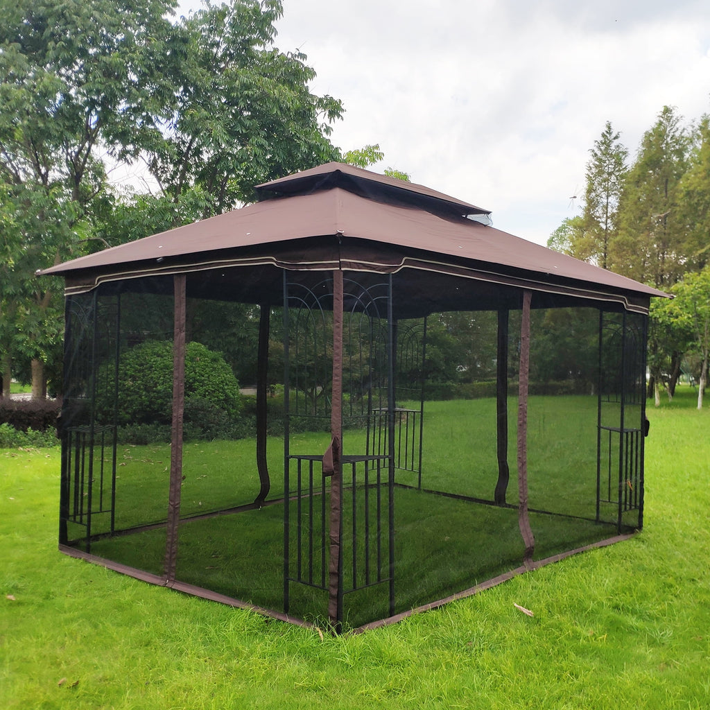 Brown Top Outdoor Patio Gazebo Canopy Tent With Ventilated Double Roof And Mosquito Net Q46582