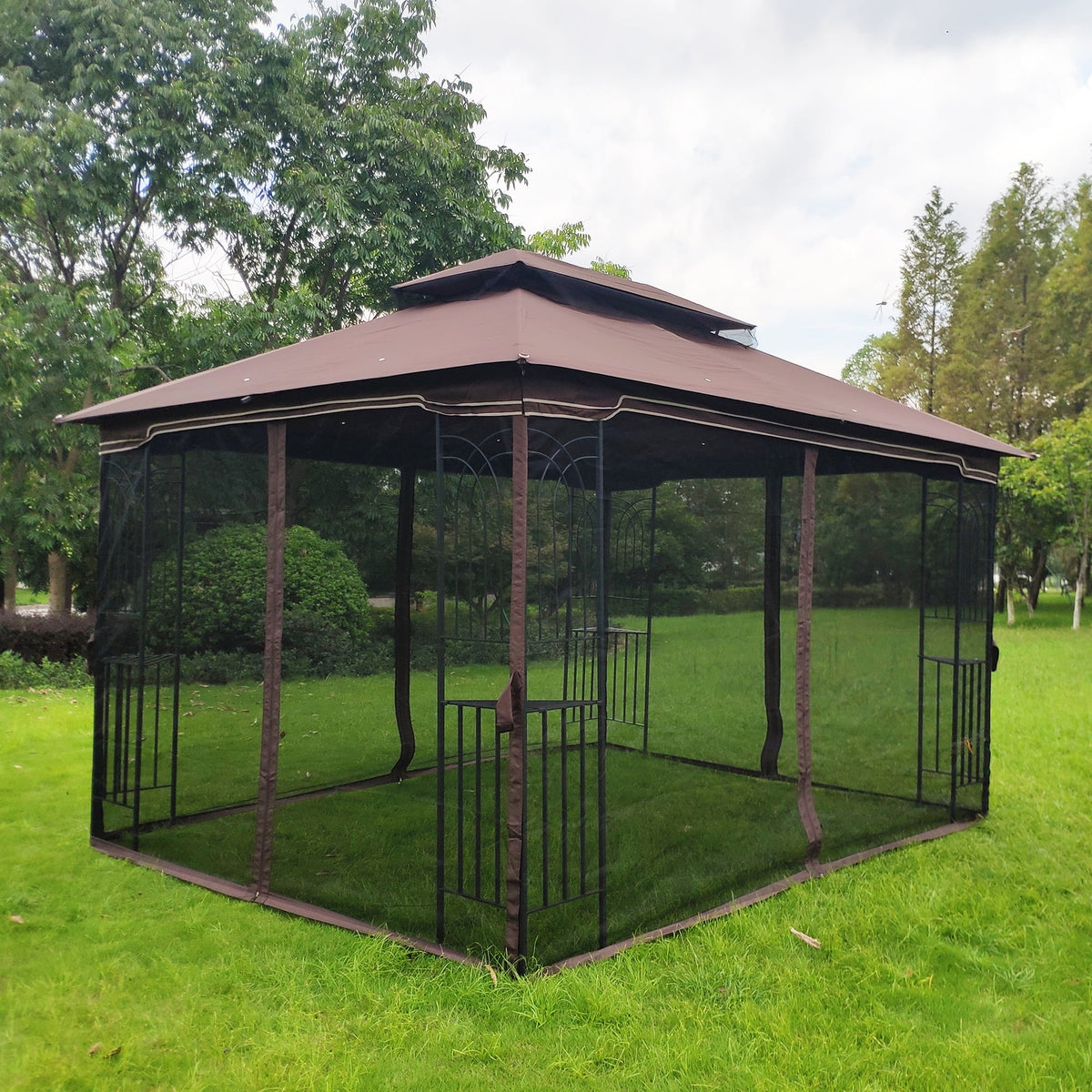Brown Top Outdoor Patio Gazebo Canopy Tent With Ventilated Double Roof And Mosquito Net Q46582