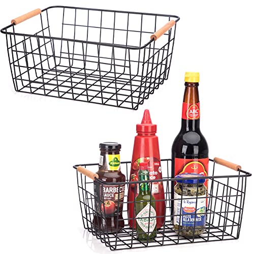 White Wire Baskets with Wooden Handles Set of 2 V34931