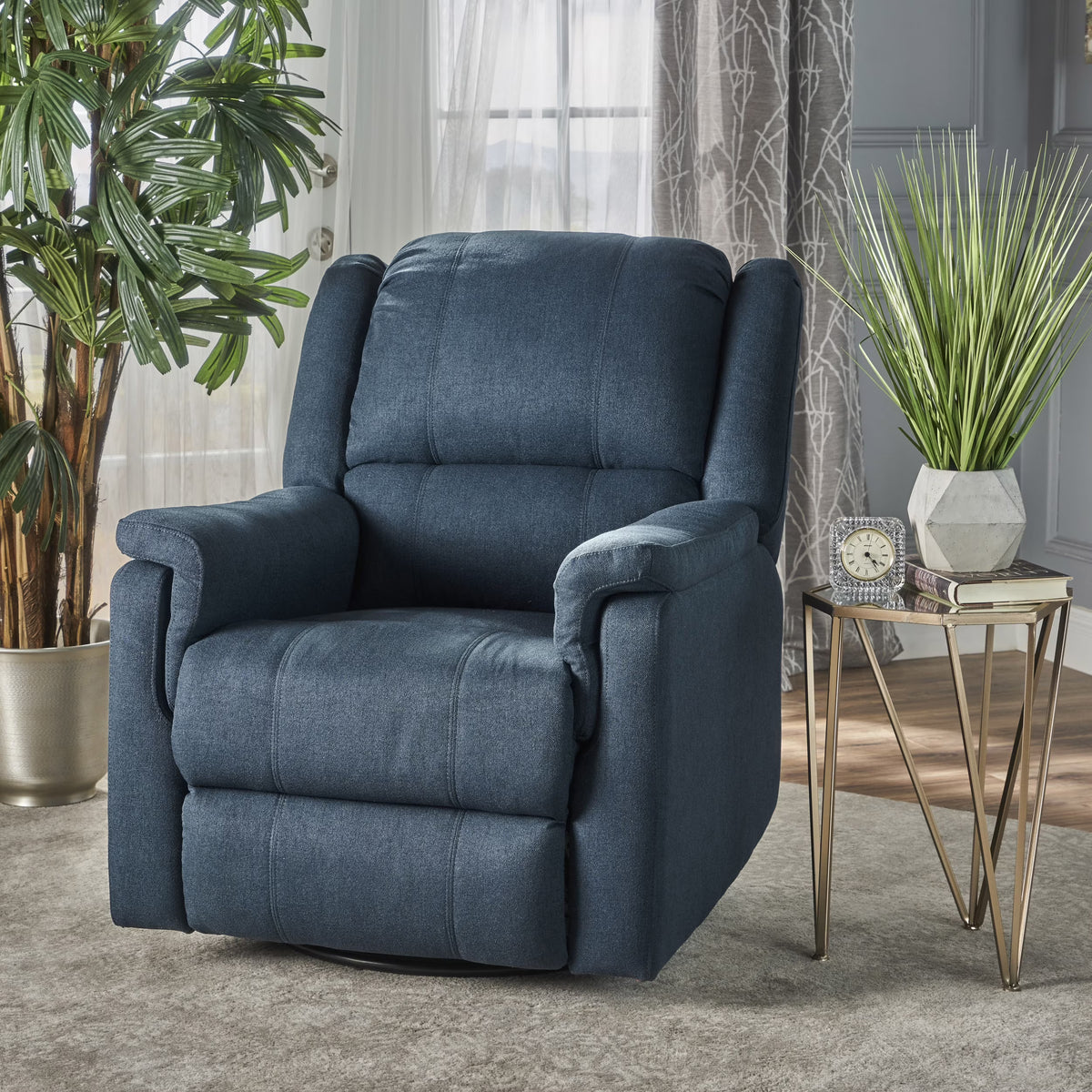 Navy Blue Fabric Tufted Swivel Glider Recliner U3341
