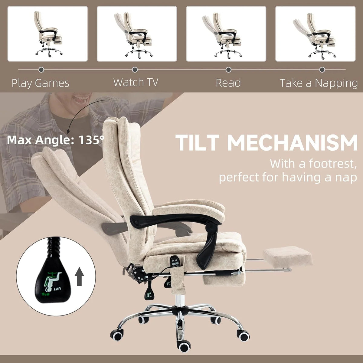 Cream White Microfiber High Back Office Chair with Massage and Footrest R143518