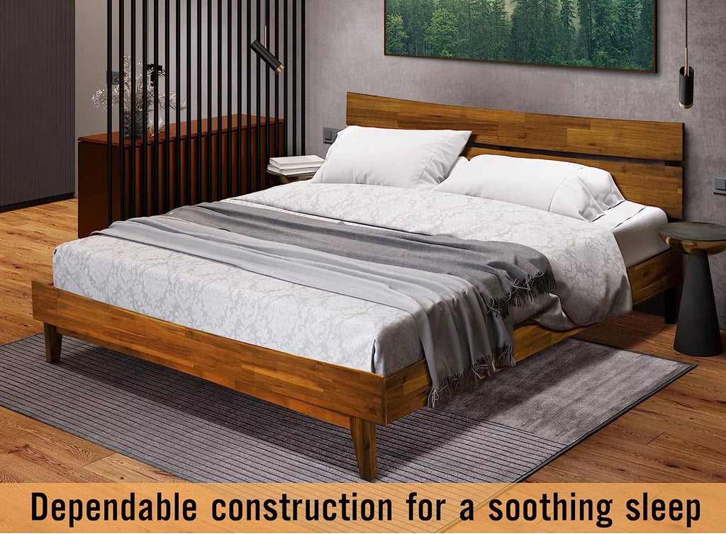 14 Inch Wood Platform Bed with Headboard Queen Size Caramel O395