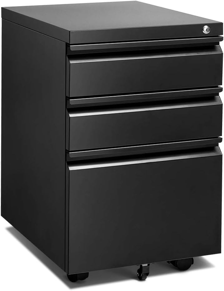 Black 3 Drawer Rolling Metal File Cabinet with Lock V967