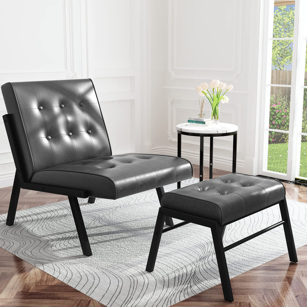 Grey Leather Accent Chair with Ottoman I4524
