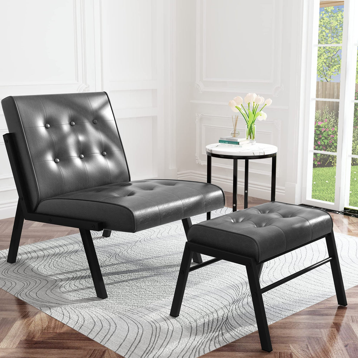 Grey Leather Accent Chair with Ottoman I4524