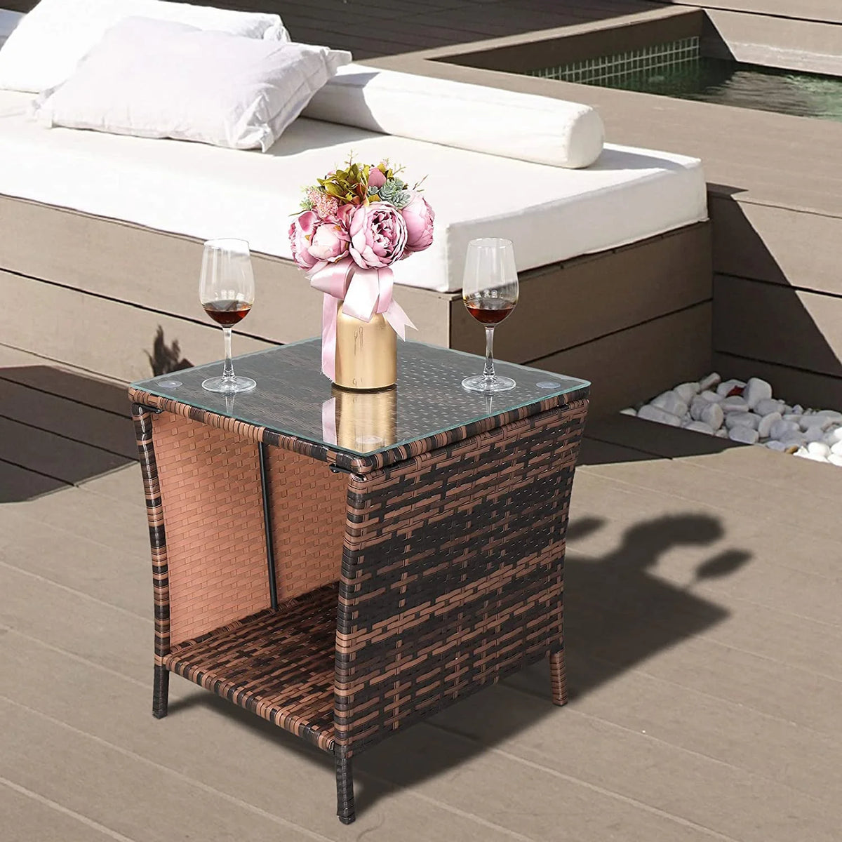 Rattan Side Table with Glass Top Storage R60048