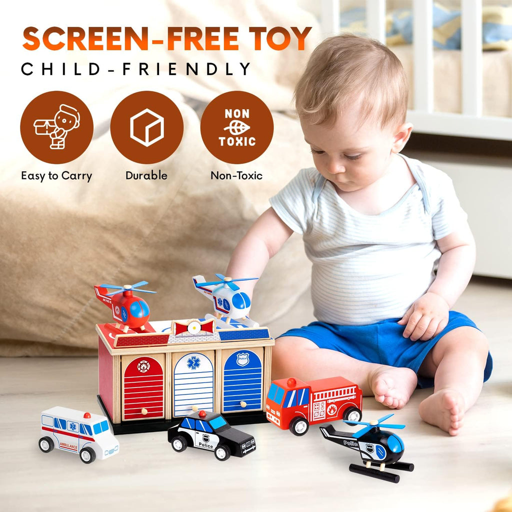 2-Level 3-Bay Parking Garage Toy Set with Fire Truck, Ambulance, Police Car, and 3 Rescue Helicopters P44319
