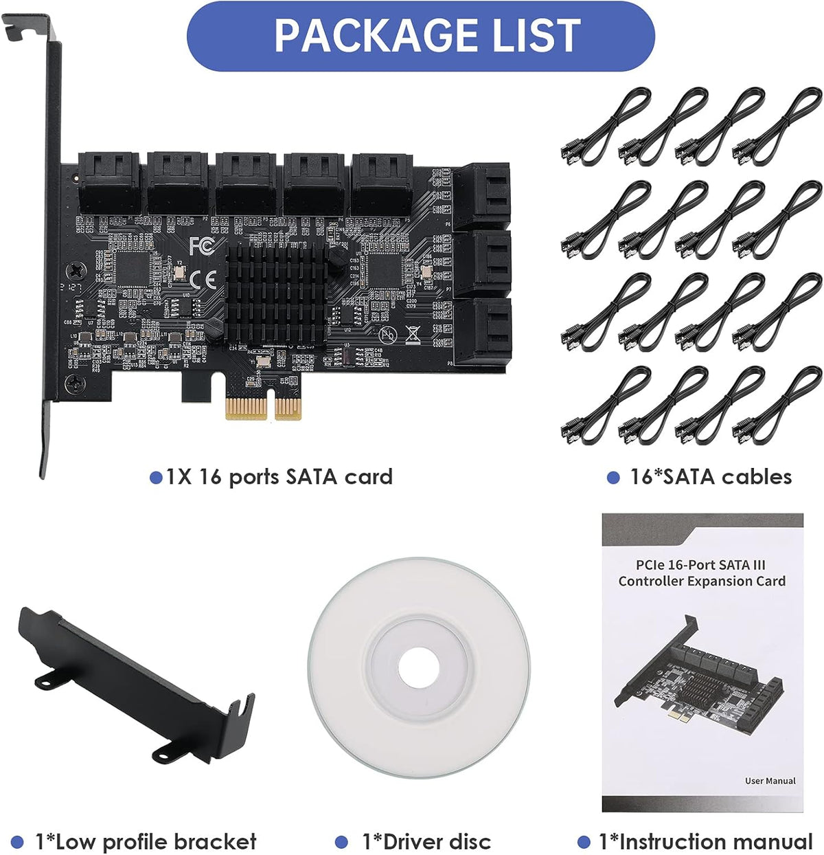 1X PCIE SATA Card 16 Ports with 16 SATA Cables T90700