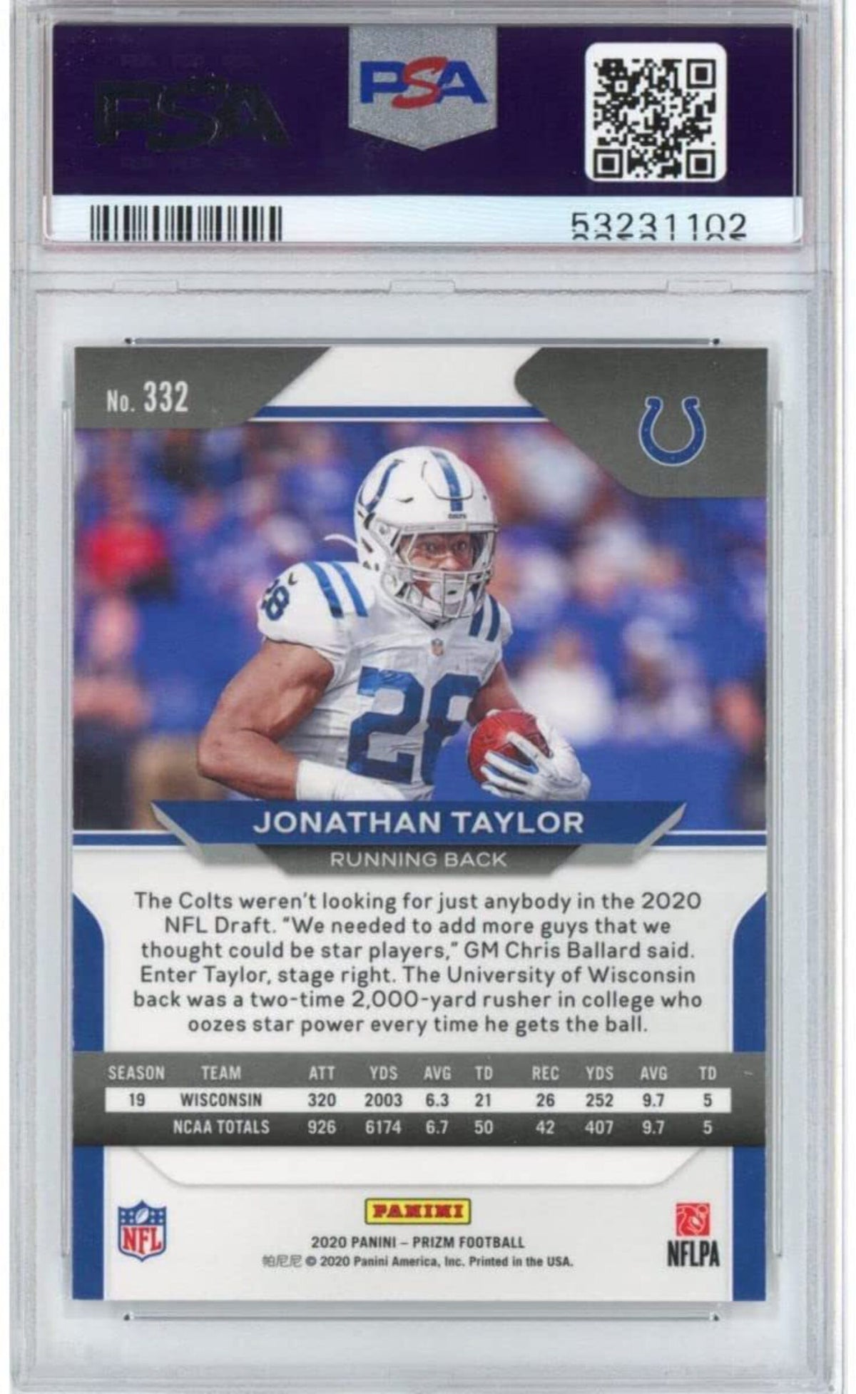 2020 Panini Prizm Jonathan Taylor Rookie RC Football Card PSA 10 M672
