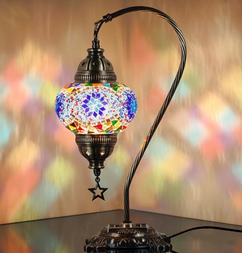 Turkish Moroccan Mosaic Table Bedside Lamp, Antique Brass Color Metal, 15" Multicolored O32032