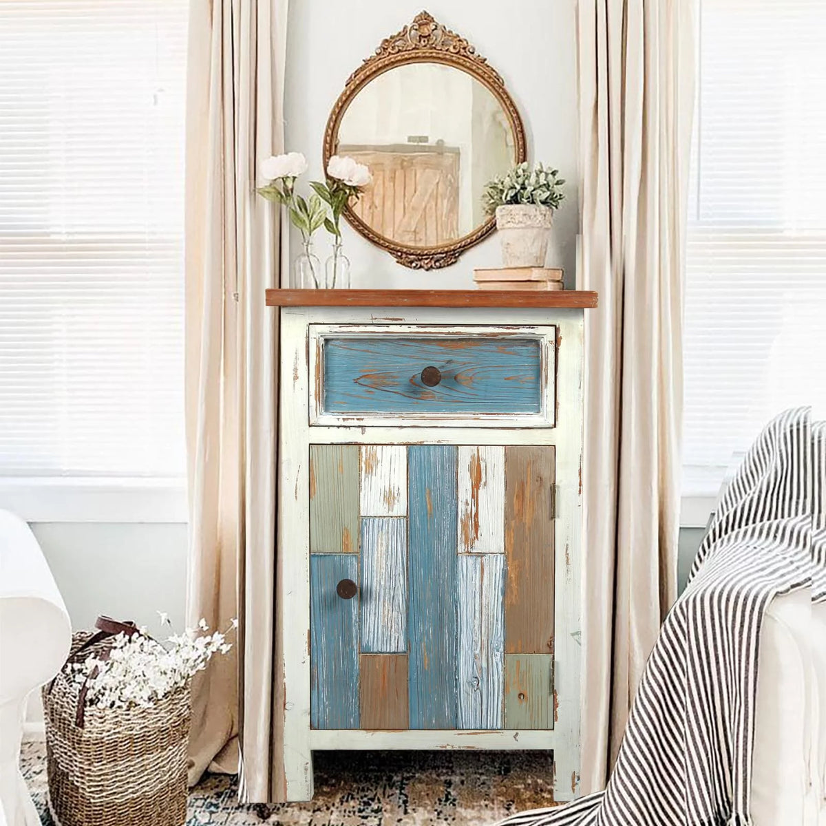 Rustic Multi-Color Wood 1-Drawer 1-Door End Table Y195324