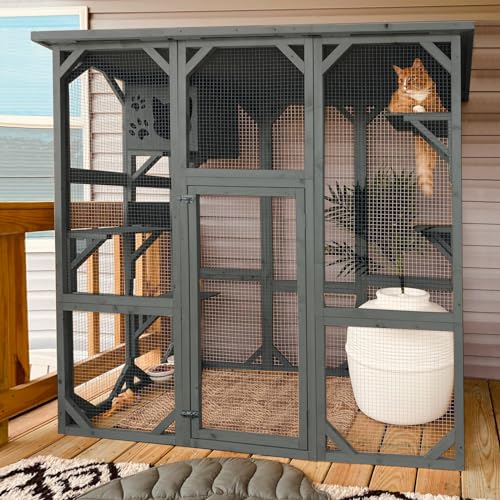 Grey Large Wooden Cat Enclosure with Platform X45439