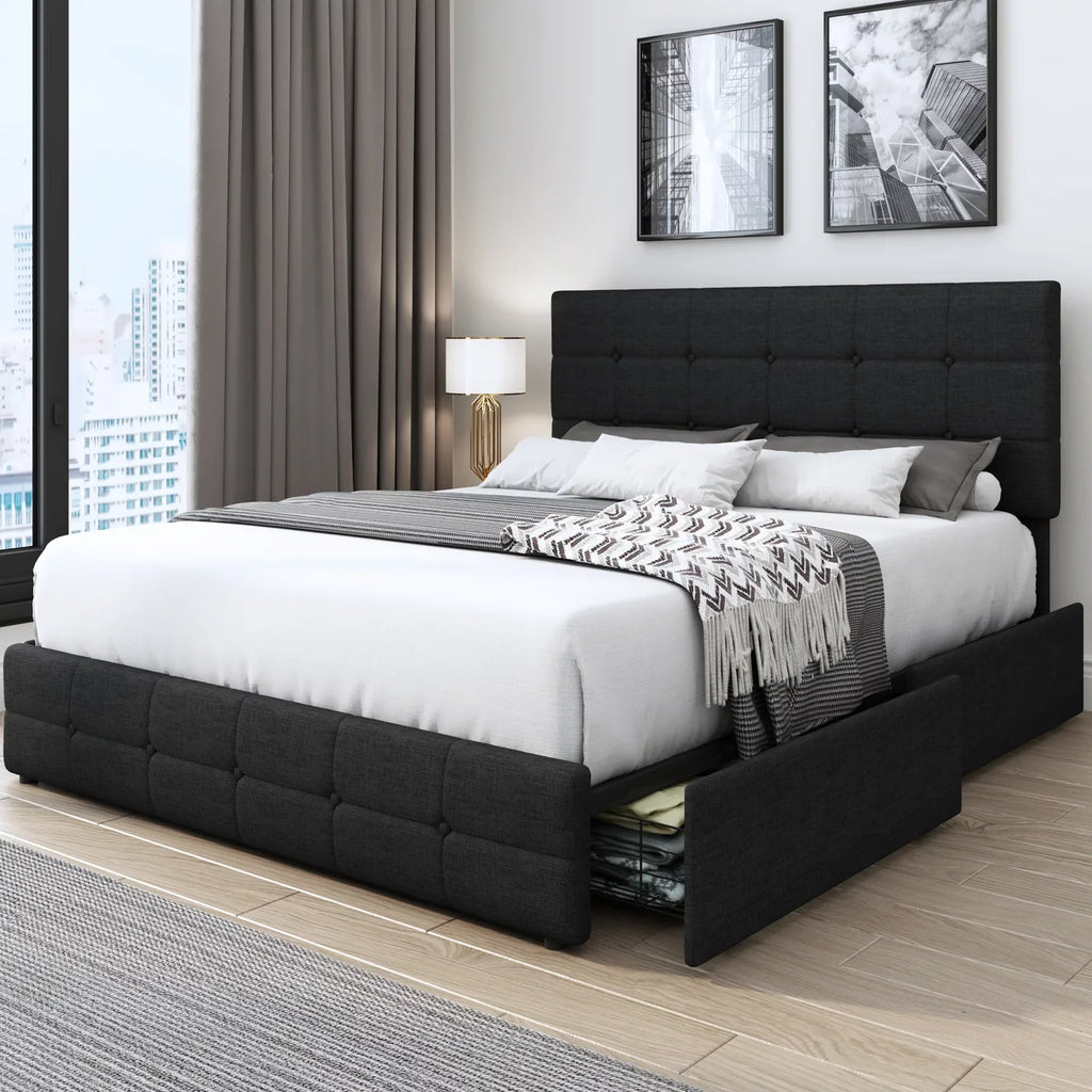 Queen Size 4 Drawer Tufted Upholstered Platform Bed Frame A725