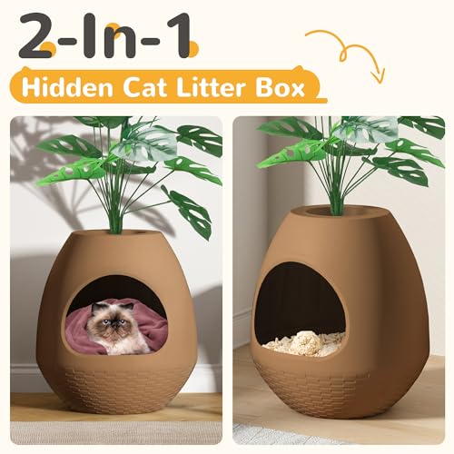 Grey Extra Large Hidden Litter Box Enclosure with Artificial Plants Q58222