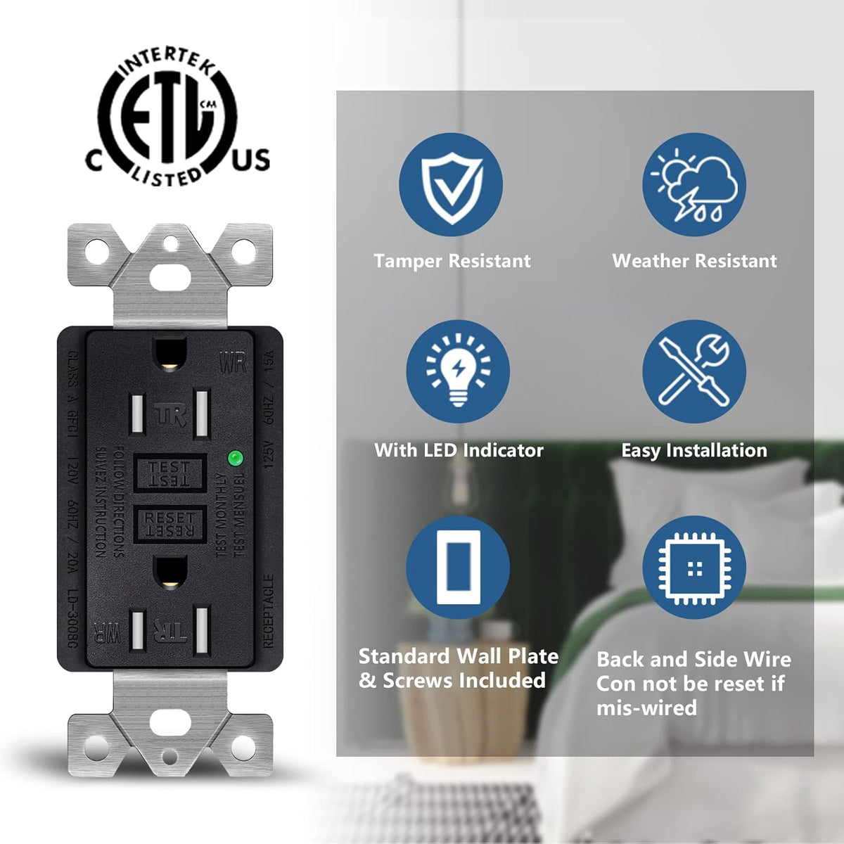2 Pack 15Amp Tamper-Resistant Weather-Resistant GFCI Outlet Receptacles, Black J50721