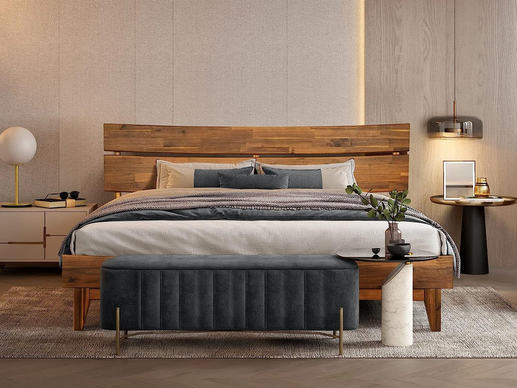 14 Inch Wood Platform Bed with Headboard Queen Size Caramel O395