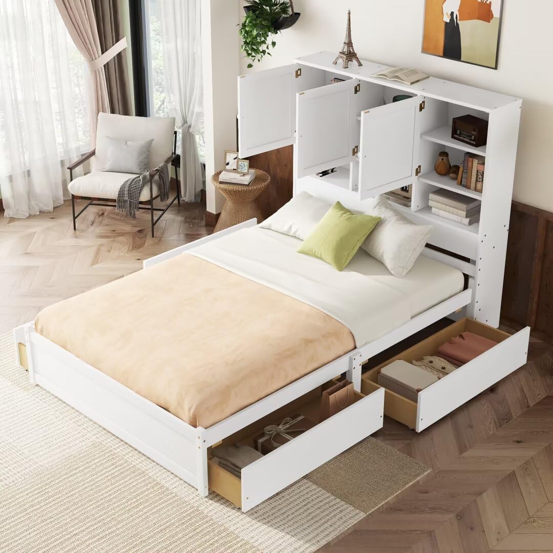 Queen Size Platform Bed with 4 Storage Drawers & Bookcase Headboard, White Q3501