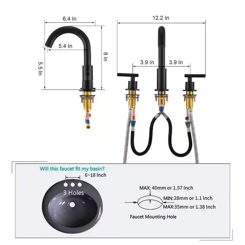 2-Handle Bathroom Faucet with Valve in Matte Black O645