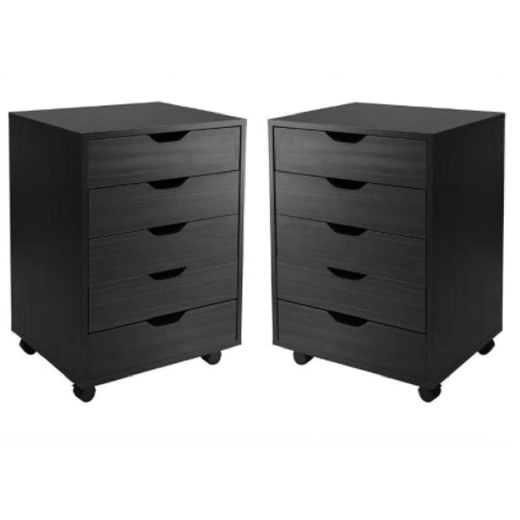 2 Piece Mobile Wood Storage Cabinet Set with 5 Drawers in Black E8834