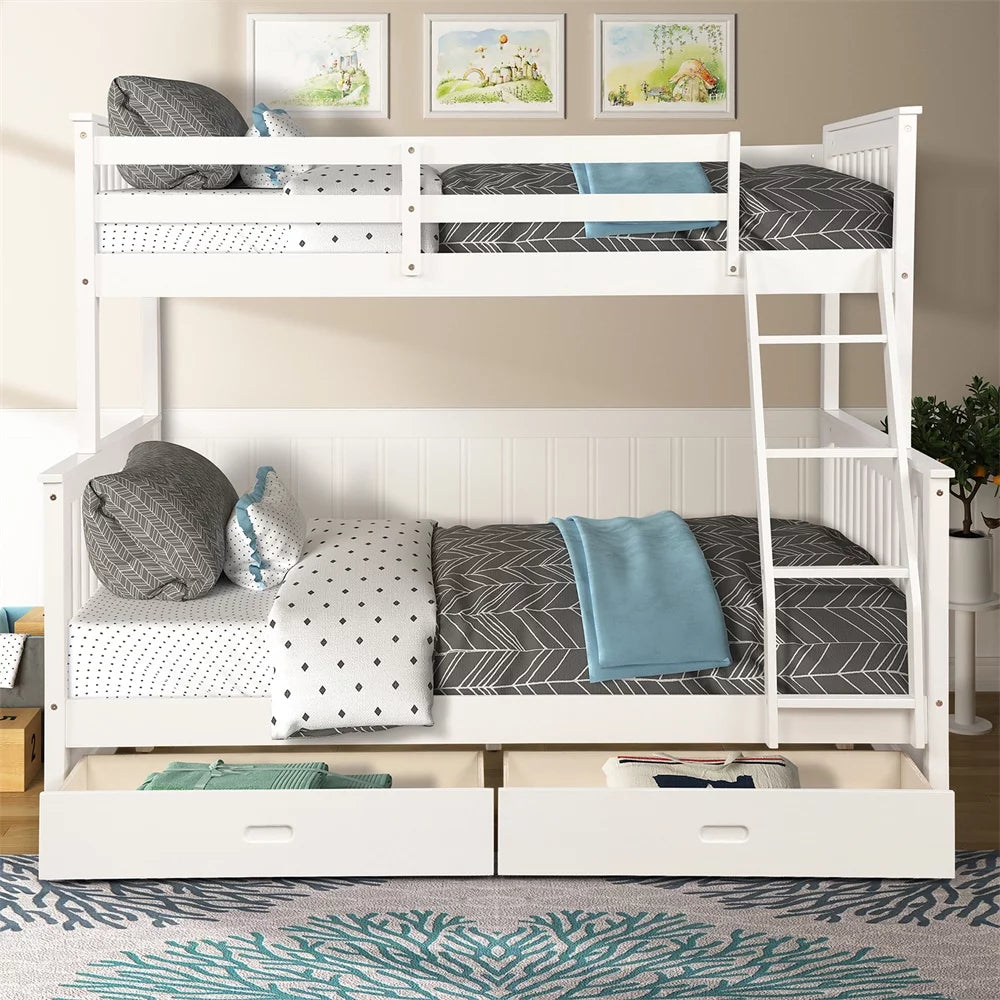 White Pine Wood Twin Over Full Bunk Bed with Two Storage Drawers Q842