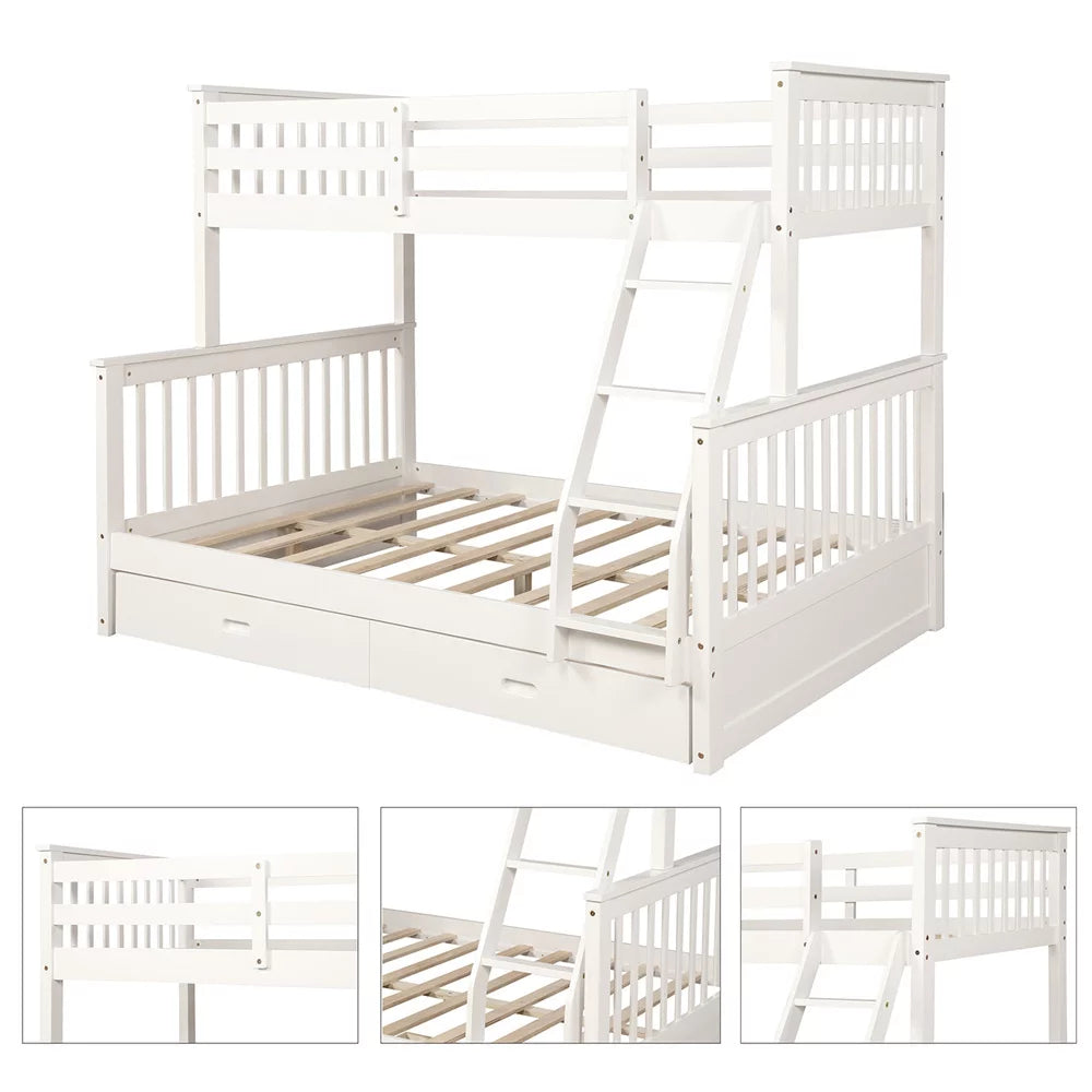 White Pine Wood Twin Over Full Bunk Bed with Two Storage Drawers Q842
