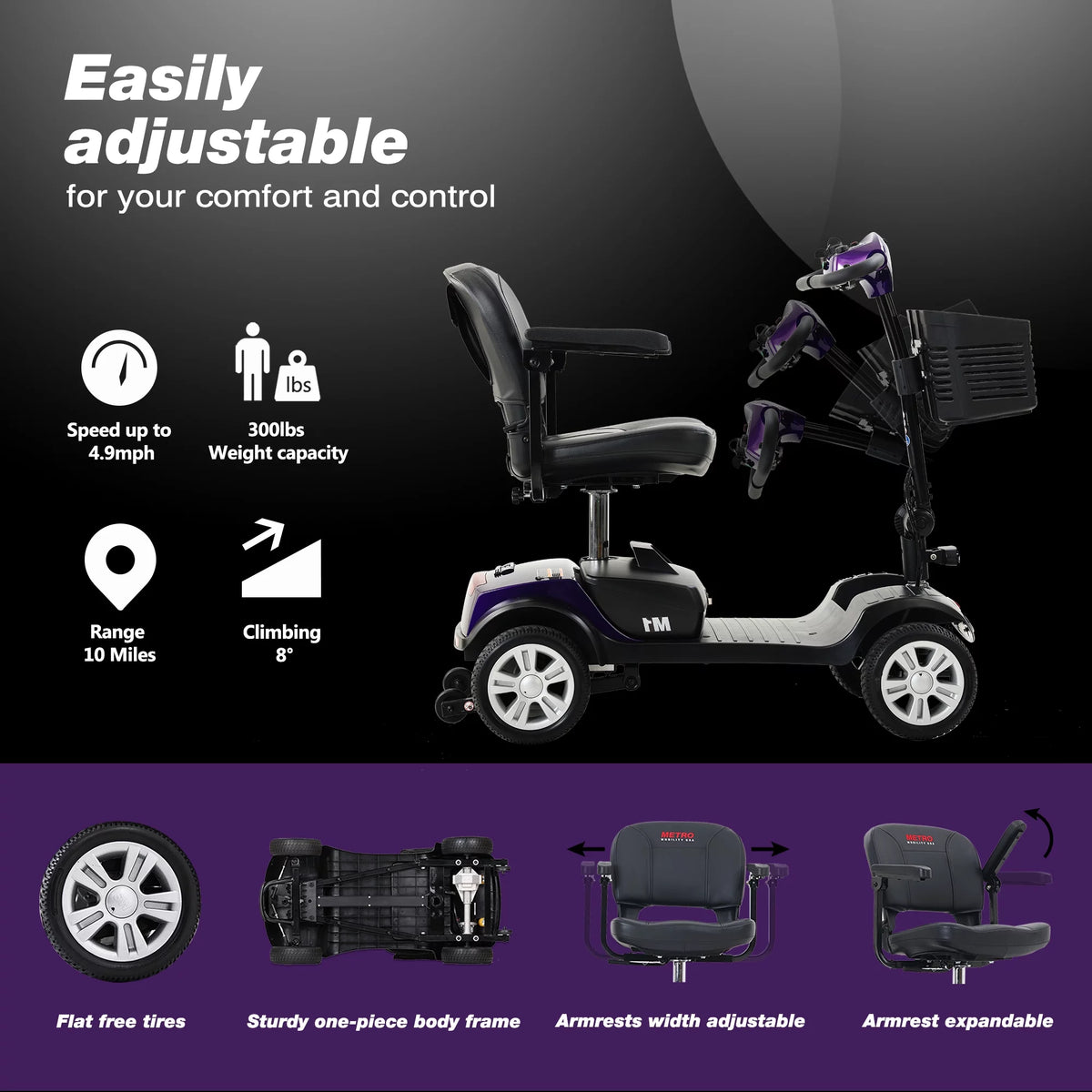 4 Wheel Purple Mobility Scooter with Detachable Basket M399615