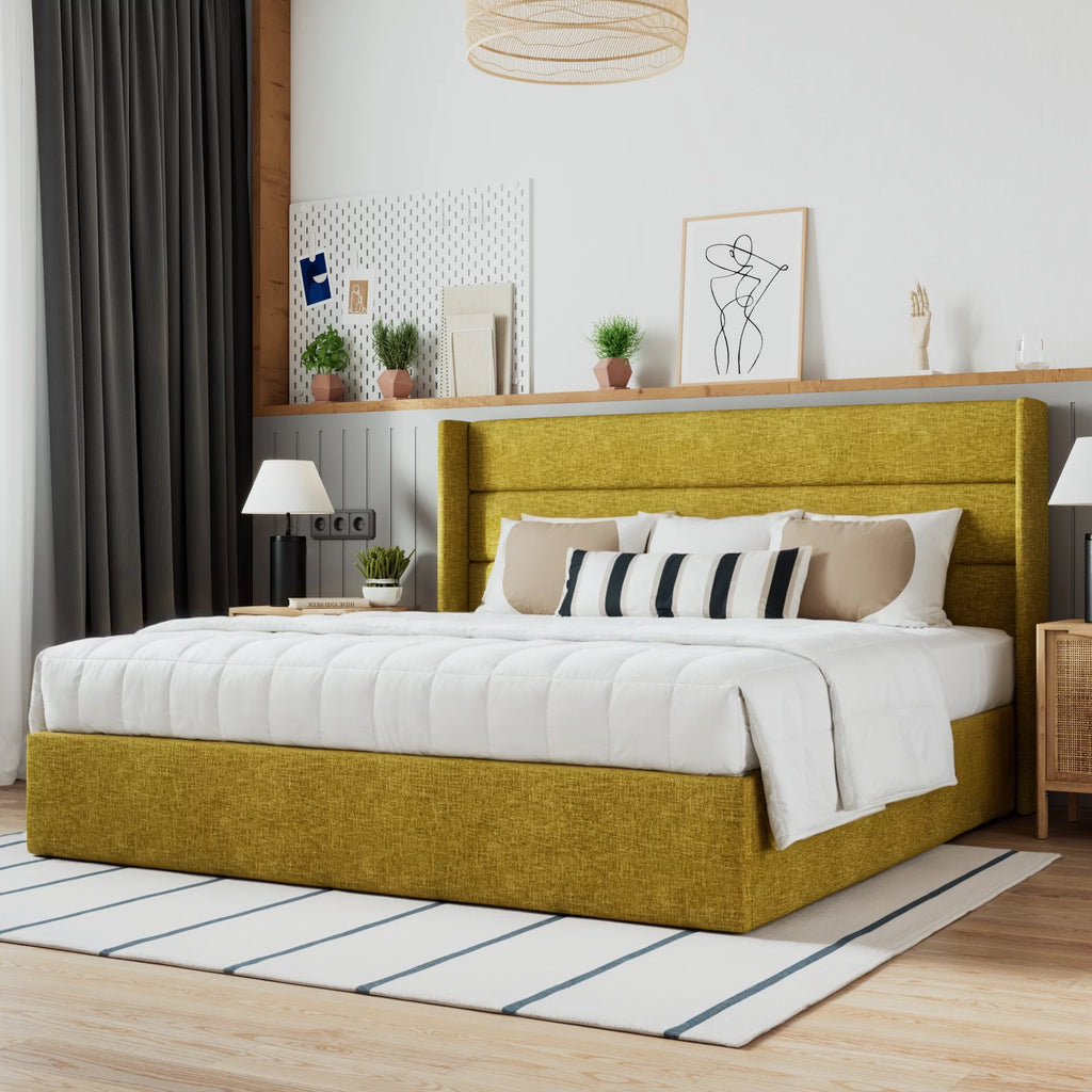 Beige Queen Size Lift Up Platform Bed Frame with Headboard M408145