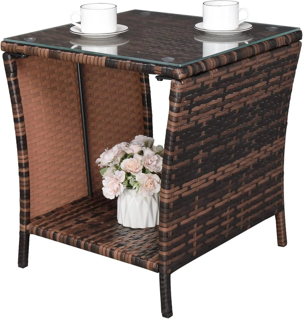 Rattan Side Table with Glass Top Storage R60048