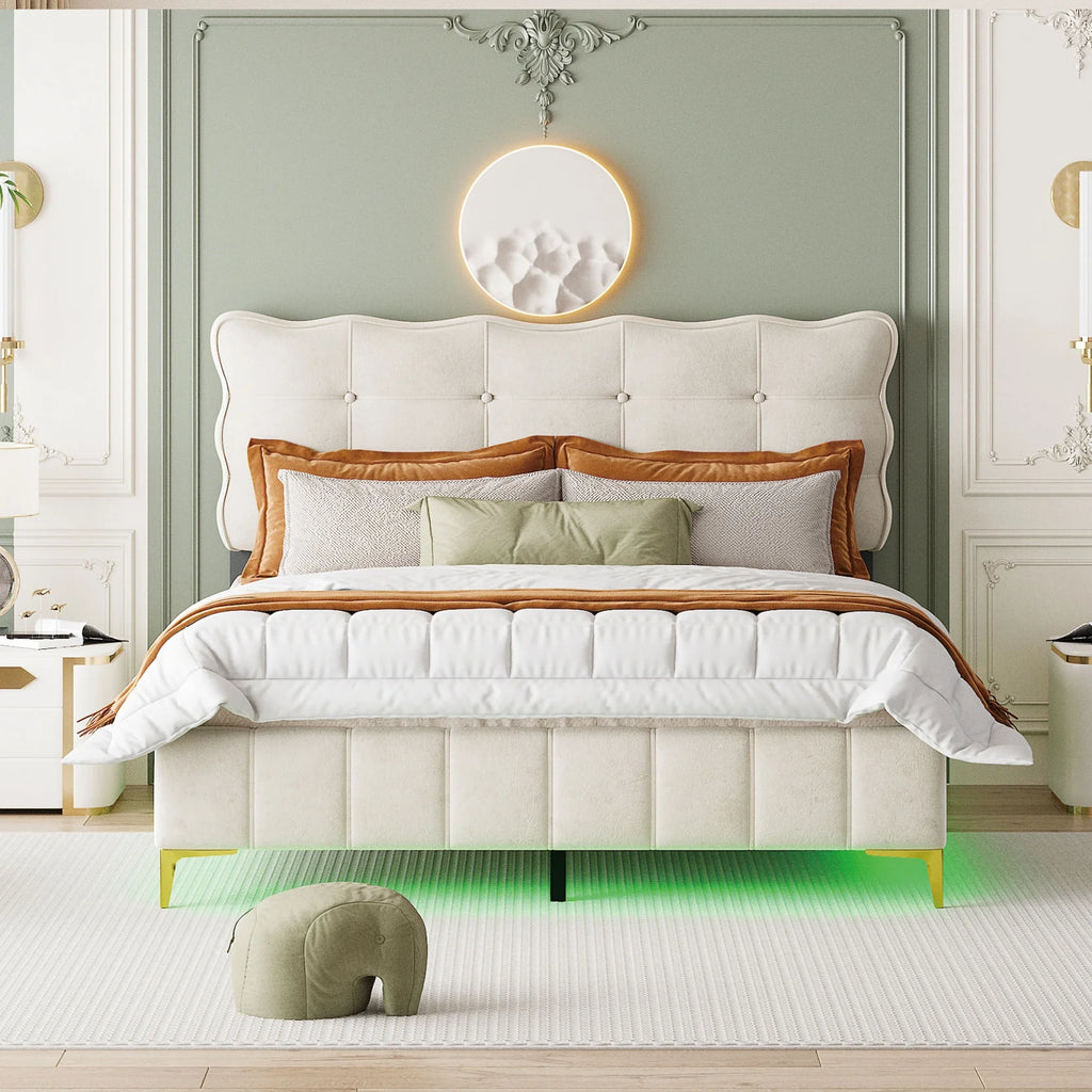 Queen Size Beige Velvet Upholstered Platform Bed with LED D97860