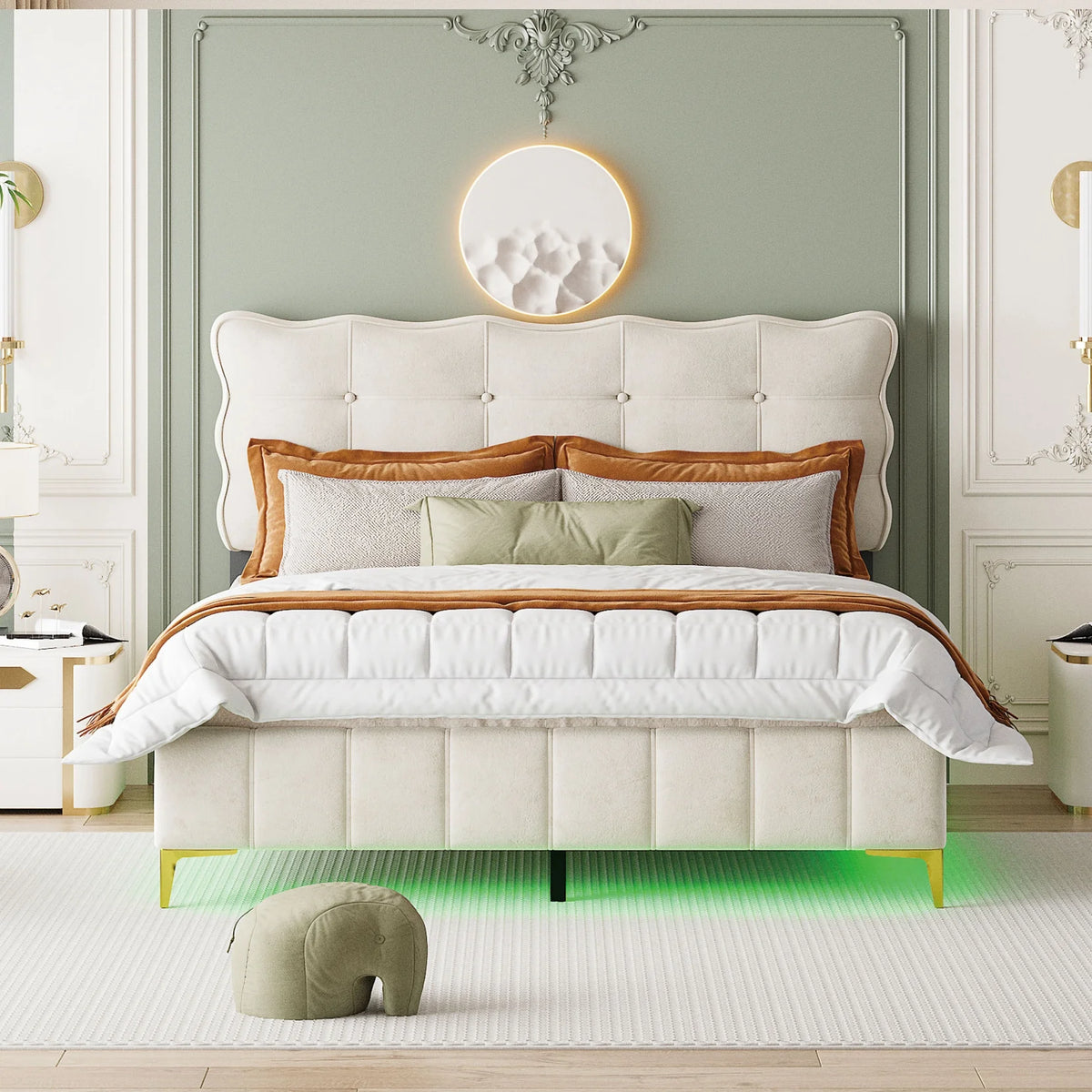Queen Size Beige Velvet Upholstered Platform Bed with LED D97860