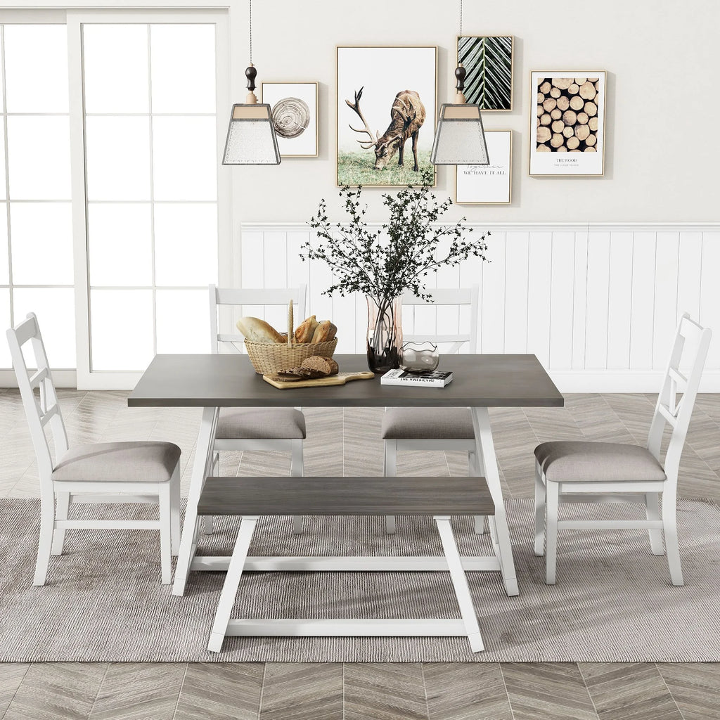 6-Piece Solid Wood Dining Table Set with 4 Upholstered Chairs & 1 Bench R382843