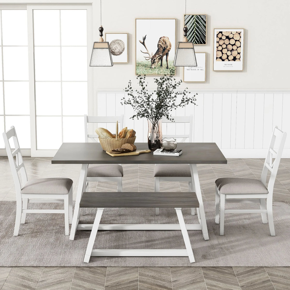 6-Piece Solid Wood Dining Table Set with 4 Upholstered Chairs & 1 Bench R382843