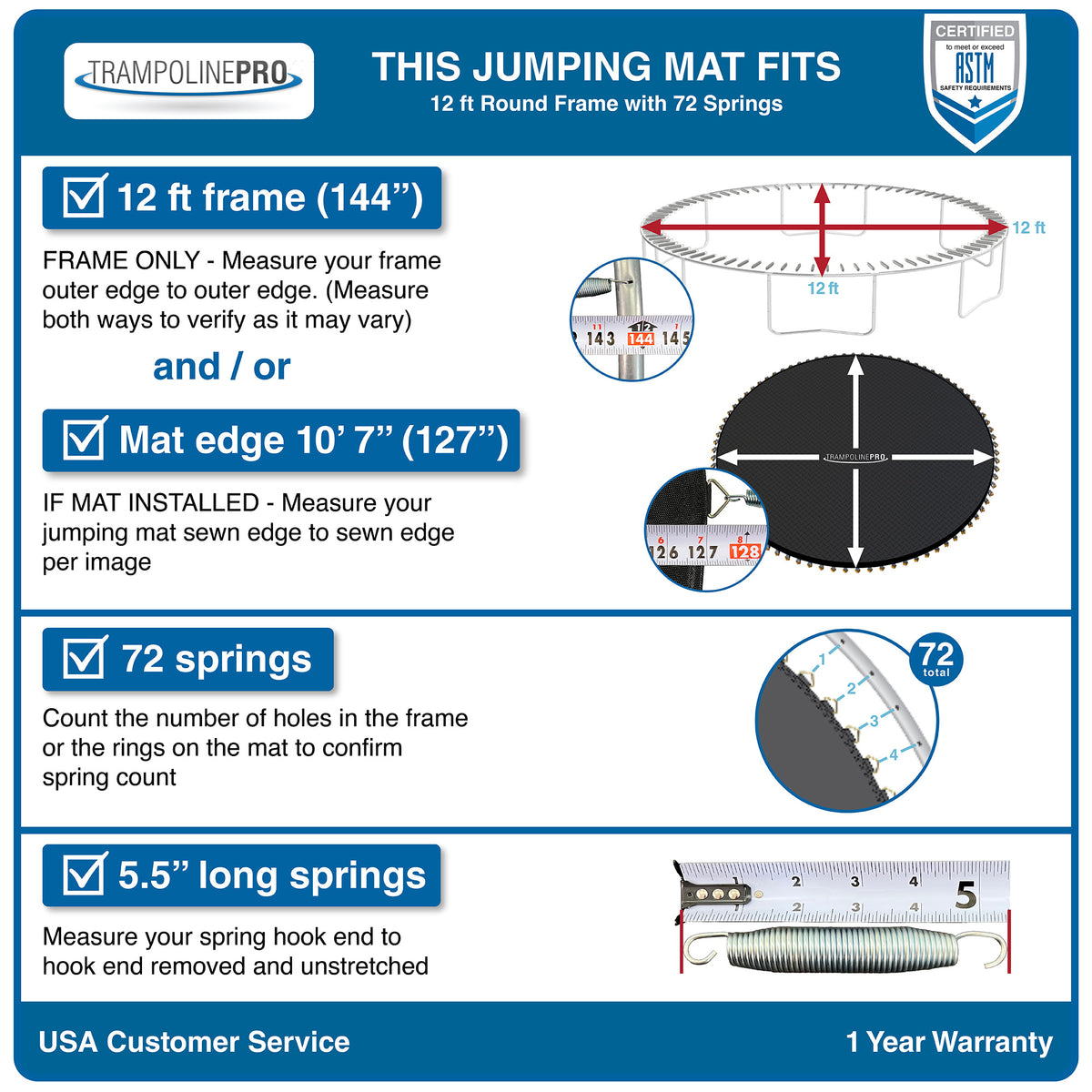 12' Round Trampoline Jumping Mat with 72 Rings I147