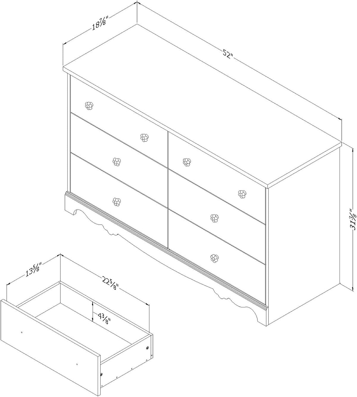 White Wash 6-Drawer Double Dresser with Metal Handles Q2978