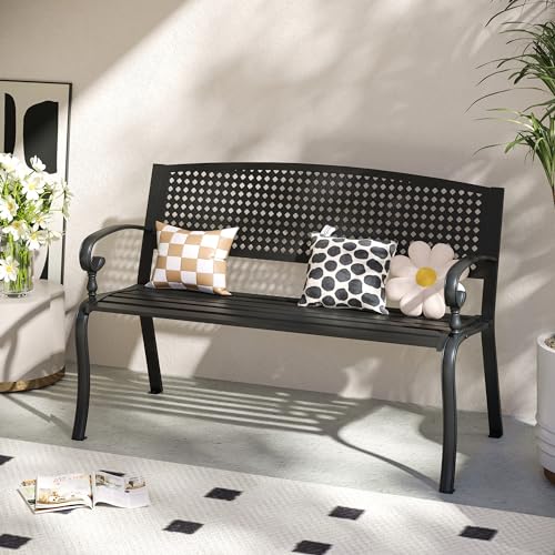 50” Metal Outdoor Garden Bench with Armrests and Backrest N544