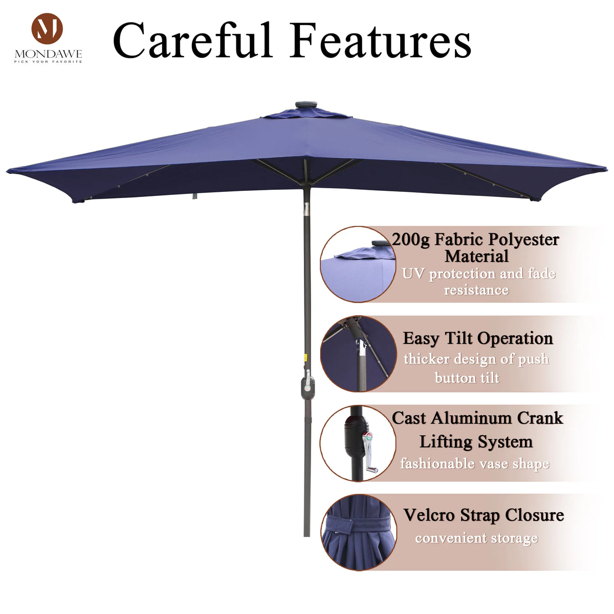 6.5 x 10ft Rectangular Patio Umbrella with 26 Led Lights U495618
