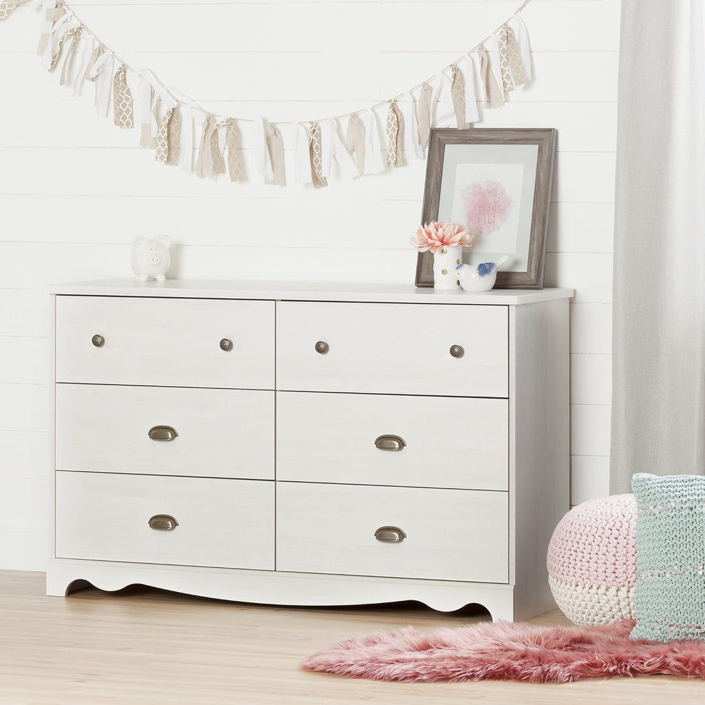 White Wash 6-Drawer Double Dresser with Metal Handles Q2978