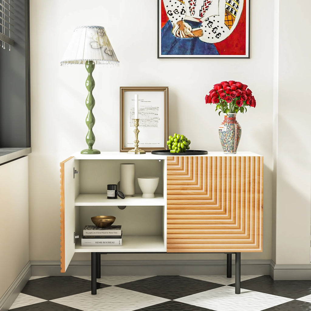 Mid Century Poplar Wood Sideboard Buffet Cabinet with Doors Q43431
