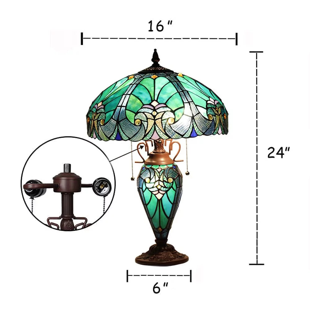 Tiffany Table Lamp 16" Wide Handmade Stained Glass Lamp Shade 3 Light Sea Green V4005