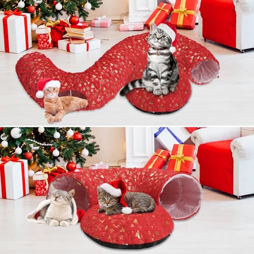 Christmas Cat Tunnel with Bowtie, Washable Circle Cushion and Plush Ball Toy, Red H416