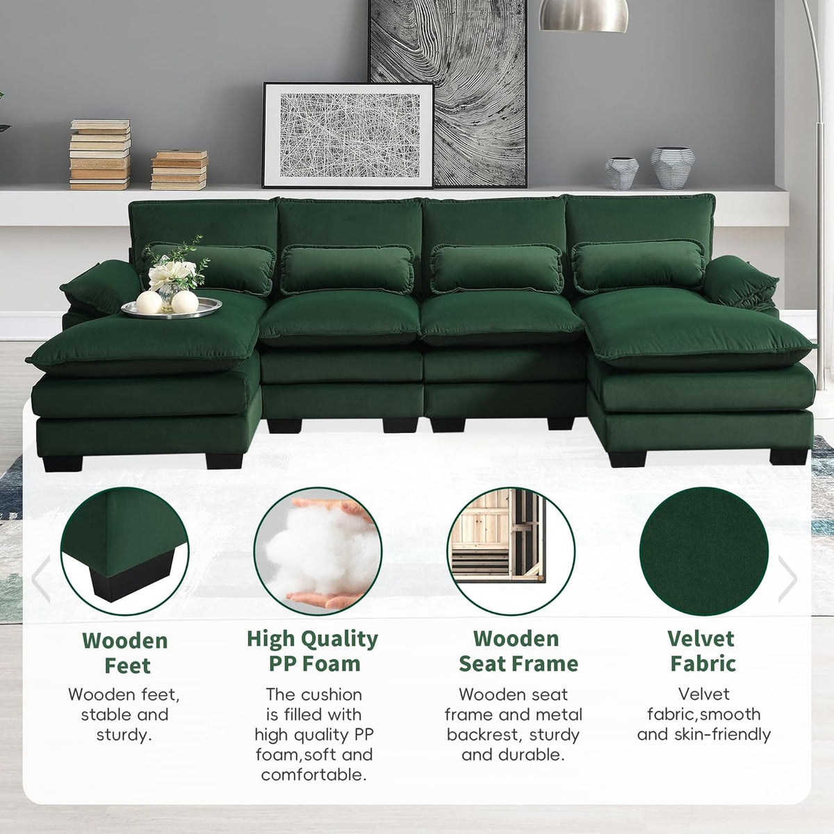 Green Upholstered Sectional Sofa with Chaise Lounge Z12241