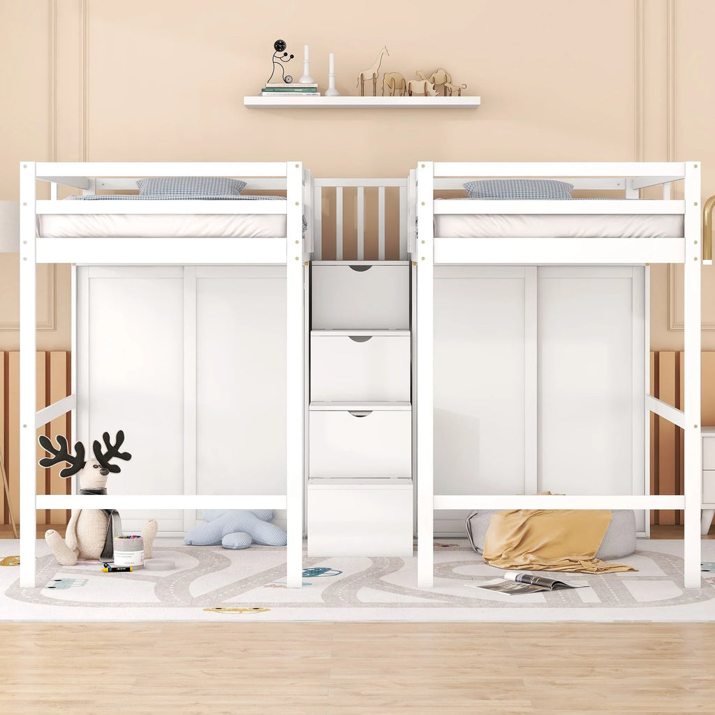Solid Wood Double Twin Loft Bed with Wardrobes and Staircase G40517