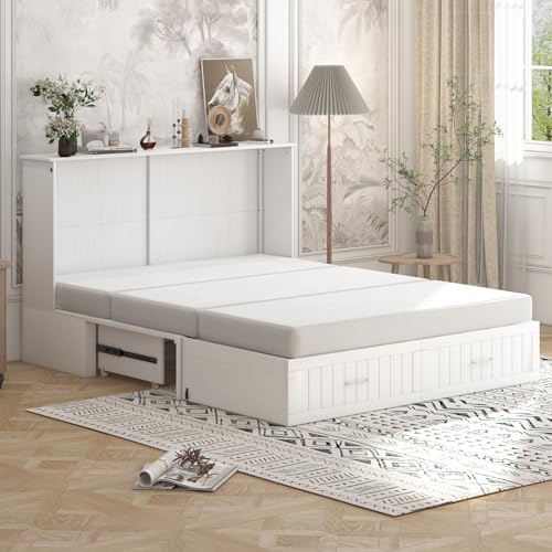 Stone Grey Queen Murphy Bed with Mattress and 2 Drawers W9516